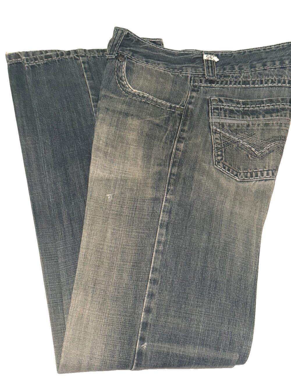 Wrangler Rock 47 Jeans Mens 30x38 Slim Boot Western Medium Wash Denim Starched